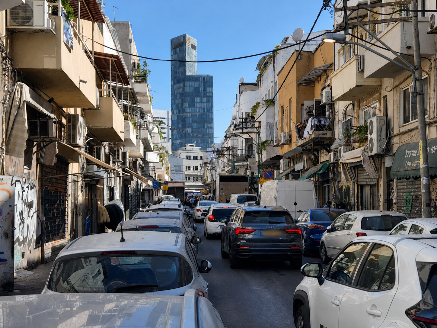 רחוב עמוס וראשי עם הולכי רגל ומכוניות